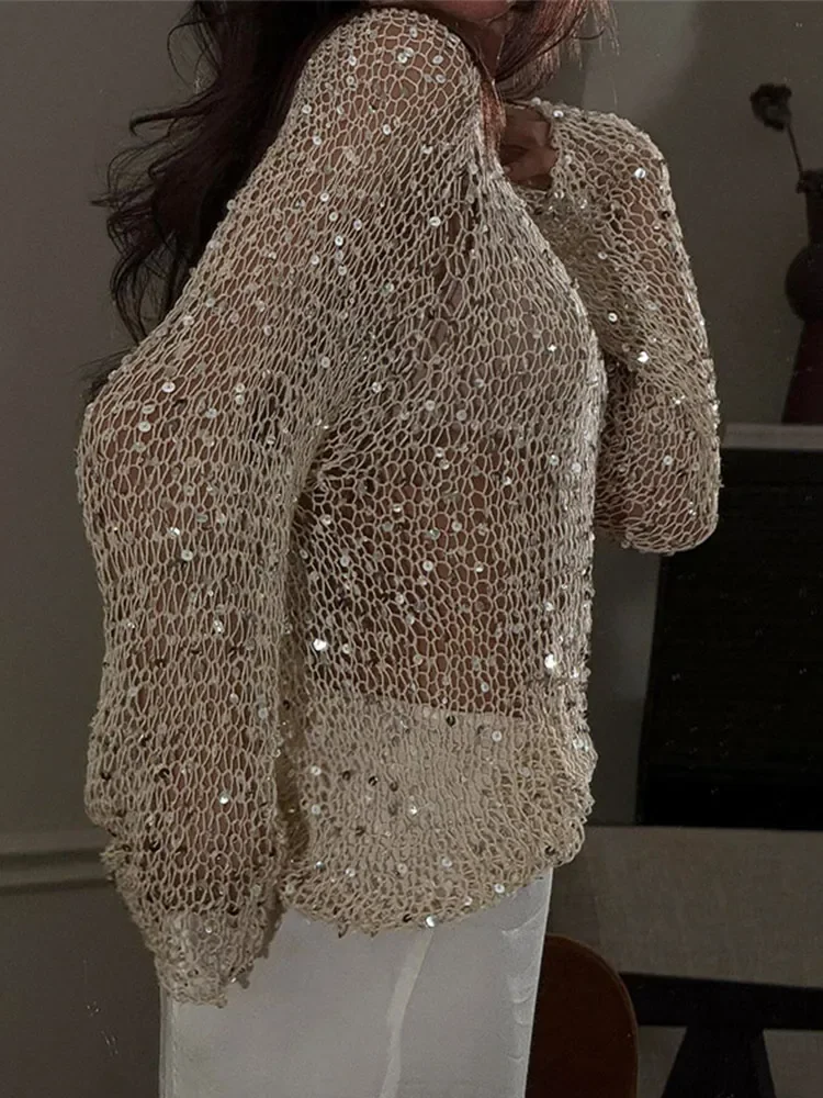 Women’s Sequin Hollow-Out Sweater – Sparkling O-Neck Long Sleeve Pullover for Evening & Parties Women's Sequin Hollow-Out Sweater - Sparkling O-Neck Long Sleeve Pullover for Evening & Parties
