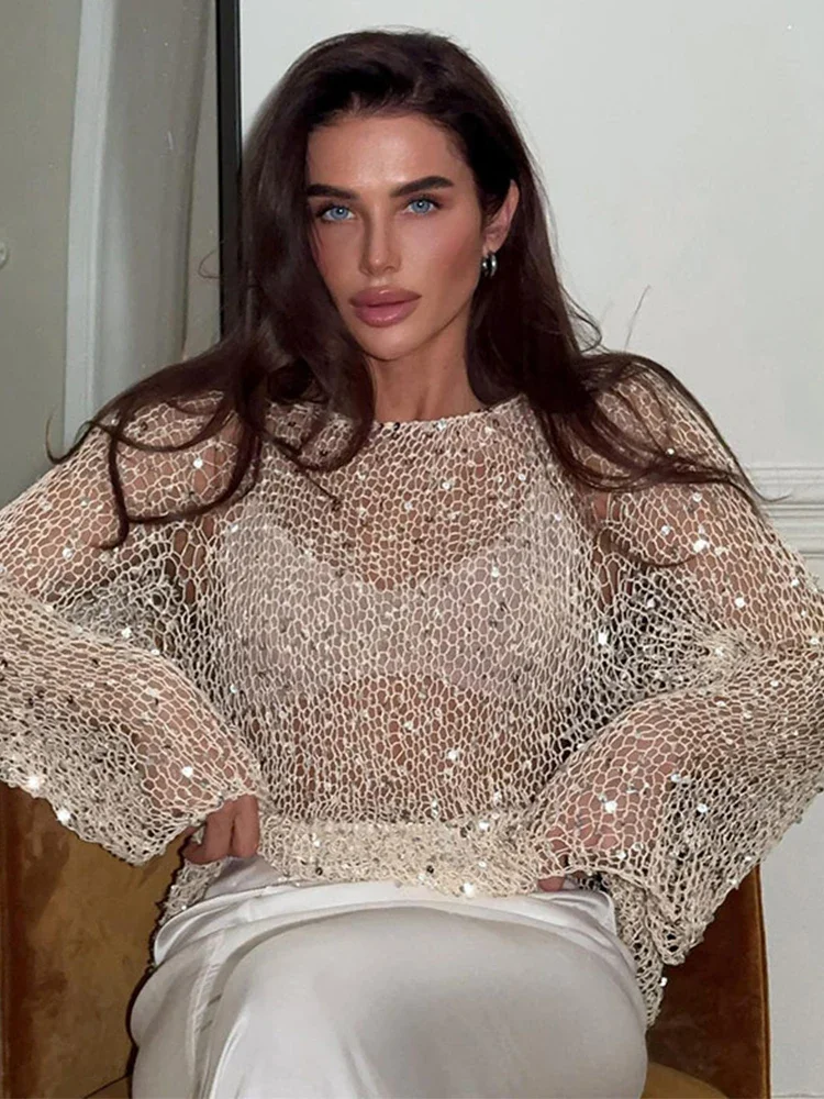Women’s Sequin Hollow-Out Sweater – Sparkling O-Neck Long Sleeve Pullover for Evening & Parties Women's Sequin Hollow-Out Sweater - Sparkling O-Neck Long Sleeve Pullover for Evening & Parties