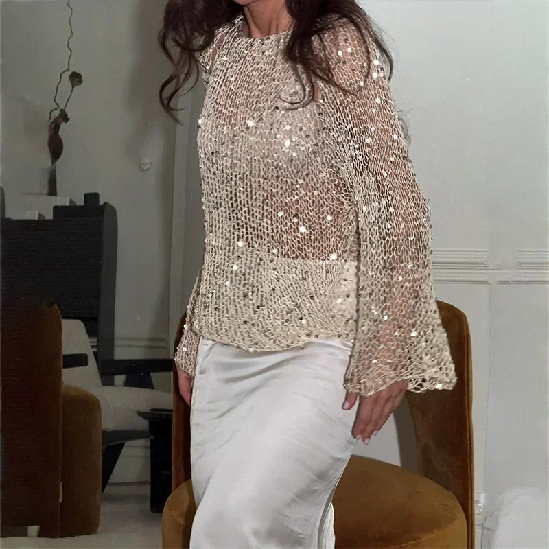 Women's Sequin Hollow-Out Sweater - Sparkling O-Neck Long Sleeve Pullover for Evening & Parties