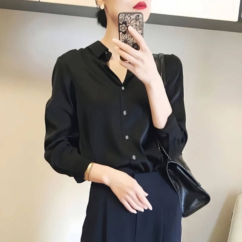 Women's Satin Finish Blouse - Elegant French-Inspired Long Sleeve Shirt for Casual & Office Wear Women's Satin Finish Blouse - Elegant French-Inspired Long Sleeve Shirt for Casual & Office Wear