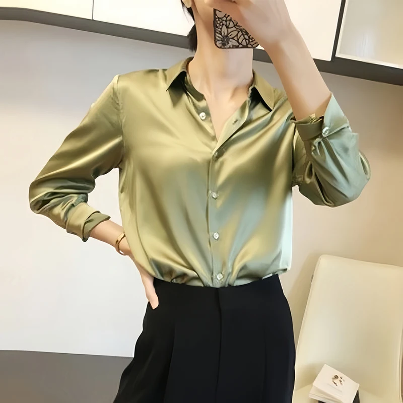 Women’s Satin Finish Blouse – Elegant French-Inspired Long Sleeve Shirt for Casual & Office Wear Women's Satin Finish Blouse - Elegant French-Inspired Long Sleeve Shirt for Casual & Office Wear