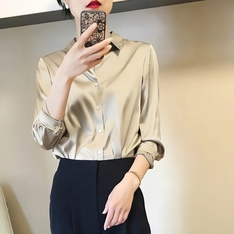 Women's Satin Finish Blouse - Elegant French-Inspired Long Sleeve Shirt for Casual & Office Wear Women's Satin Finish Blouse - Elegant French-Inspired Long Sleeve Shirt for Casual & Office Wear