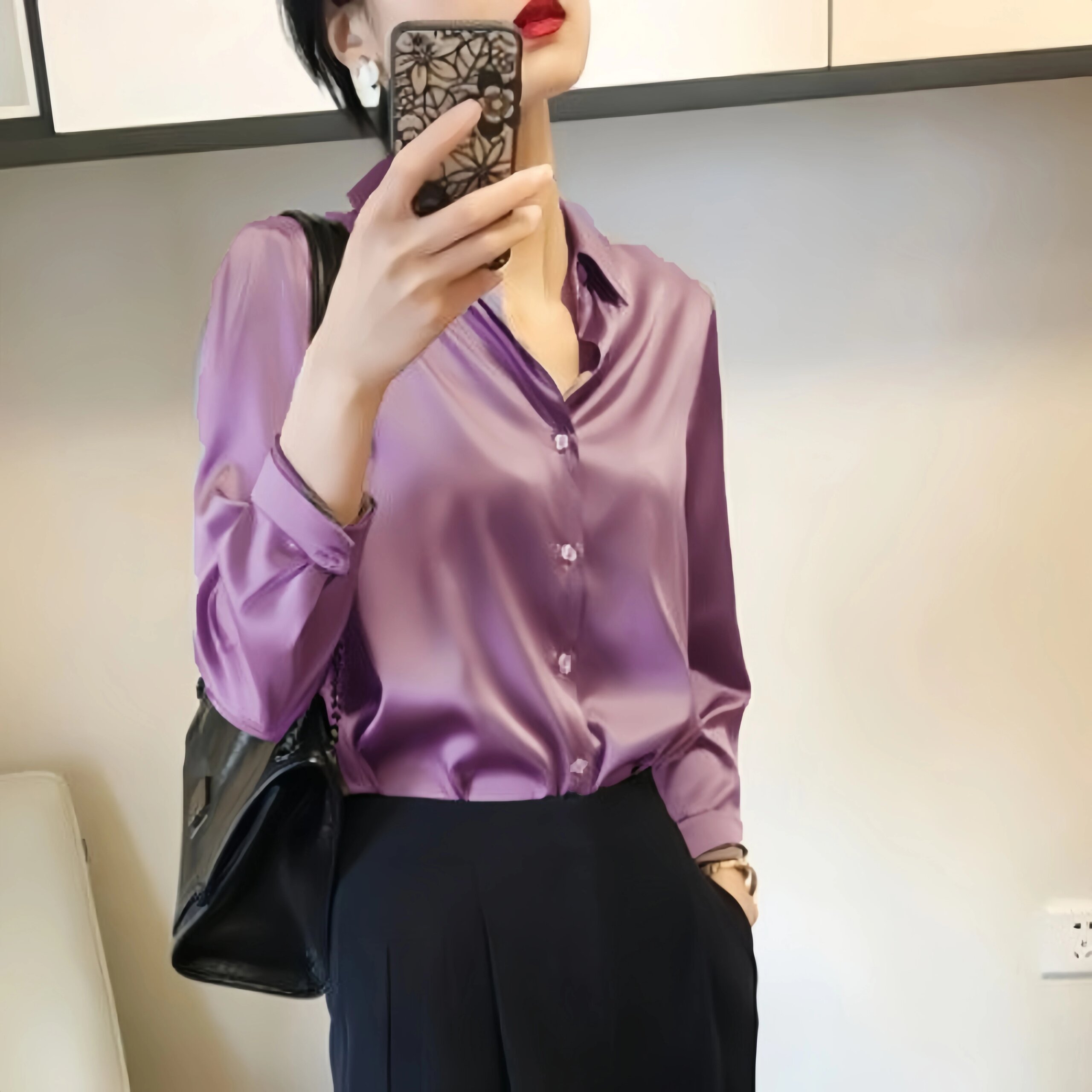 Women's Satin Finish Blouse - Elegant French-Inspired Long Sleeve Shirt for Casual & Office Wear Women's Satin Finish Blouse - Elegant French-Inspired Long Sleeve Shirt for Casual & Office Wear
