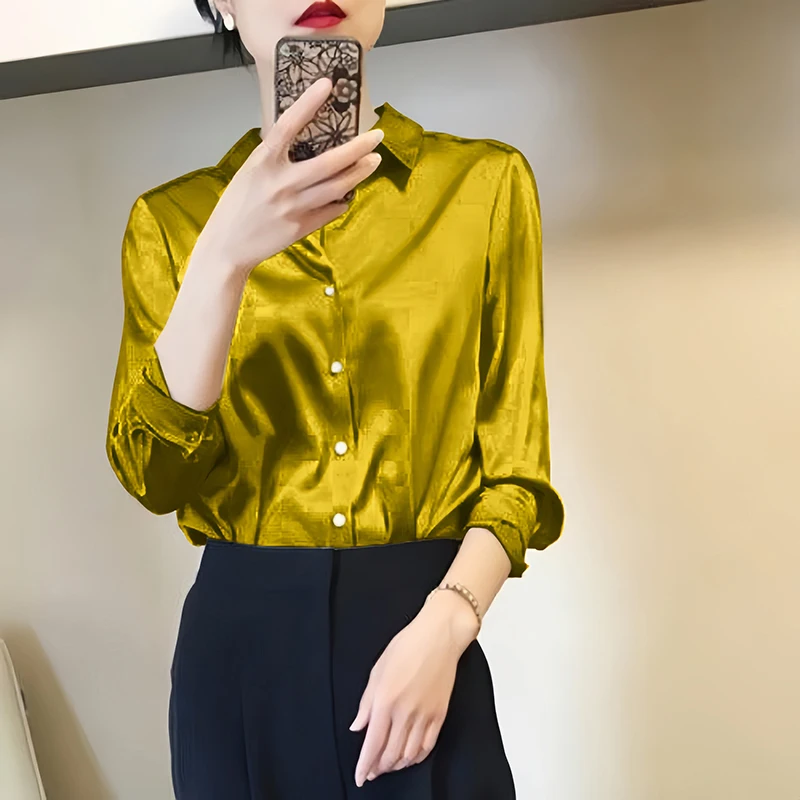 Women’s Satin Finish Blouse – Elegant French-Inspired Long Sleeve Shirt for Casual & Office Wear Women's Satin Finish Blouse - Elegant French-Inspired Long Sleeve Shirt for Casual & Office Wear