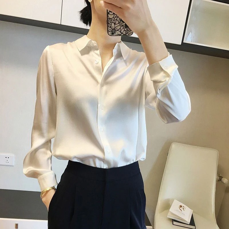 Women's Satin Finish Blouse - Elegant French-Inspired Long Sleeve Shirt for Casual & Office Wear Women's Satin Finish Blouse - Elegant French-Inspired Long Sleeve Shirt for Casual & Office Wear