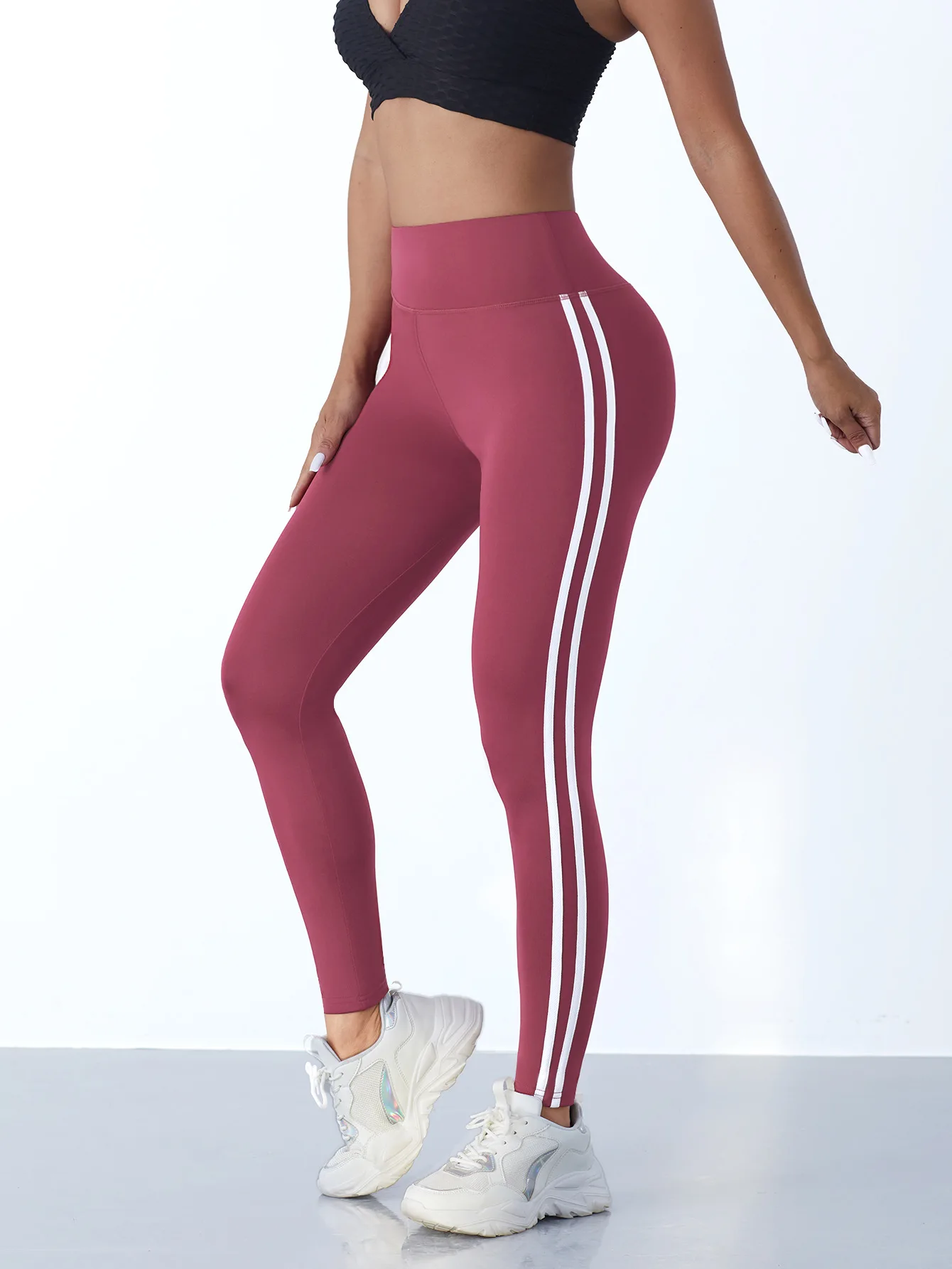 One Piece Casual Sports Side Stripe Pants High Waist 4 Way Stretch Breathable Running Workout Yoga Leggings Activewear For Women