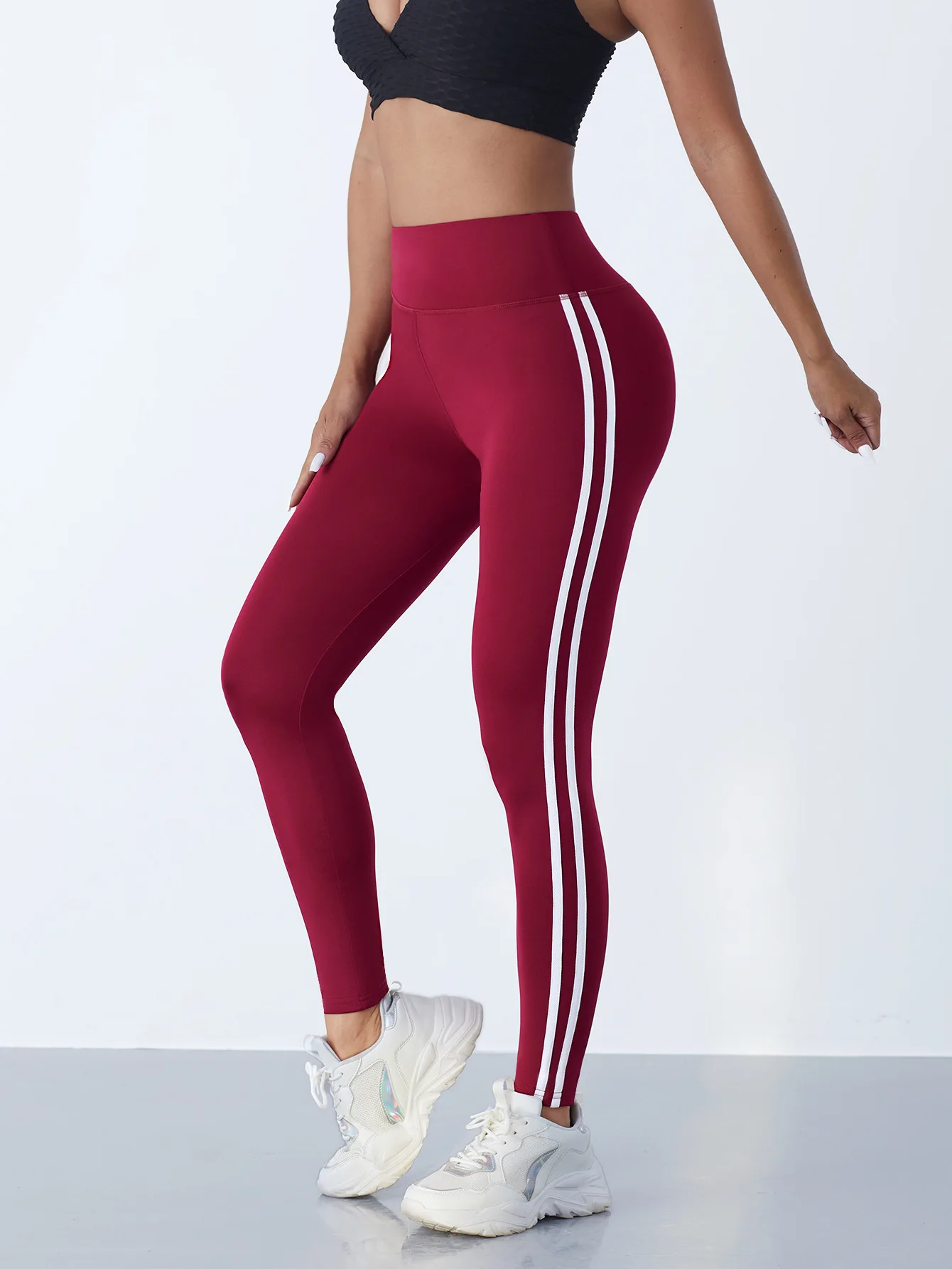 One Piece Casual Sports Side Stripe Pants High Waist 4 Way Stretch Breathable Running Workout Yoga Leggings Activewear For Women