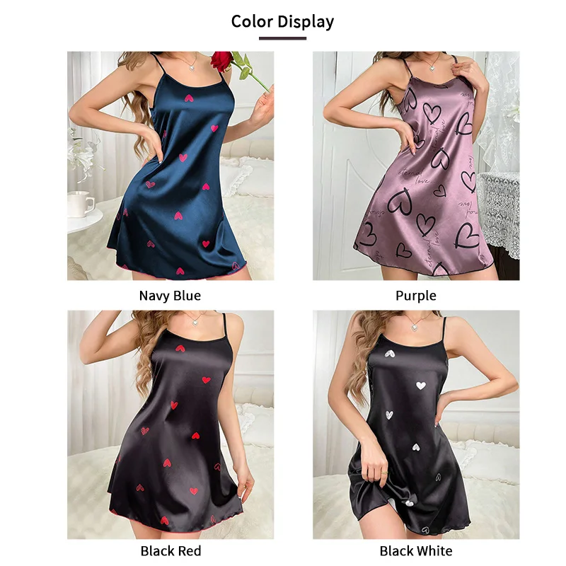 Sexy Satin Nightdress Women Soft Comfort Round Neck Slip Night Dress Heart Print Sleepwear Home Clothes Loungewear for Summer Sexy Satin Nightdress Women Soft Comfort Round Neck Slip Night Dress Heart Print Sleepwear Home Clothes Loungewear for Summer