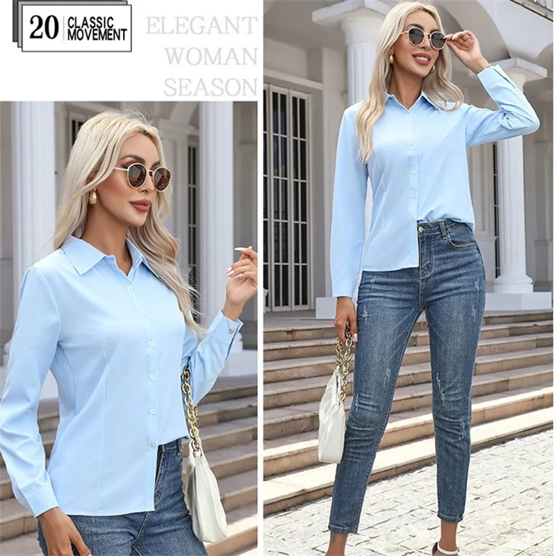Women Spring Autumn Style Blouses Shirts Lady Casual Long Sleeve Turn-down Collar Solid Color Blouse Tops Women Spring Autumn Style Blouses Shirts Lady Casual Long Sleeve Turn-down Collar Solid Color Blouse Tops