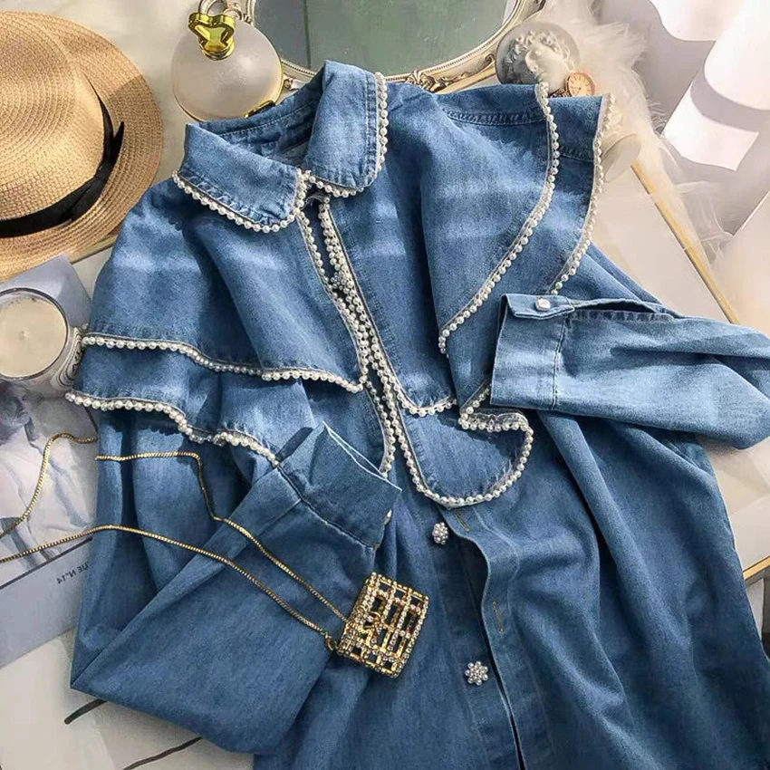 French Style Doll Collar Denim Blouses – Vintage Pearl Design Jean Shirts French Style Doll Collar Denim Blouses - Vintage Pearl Design Jean Shirts