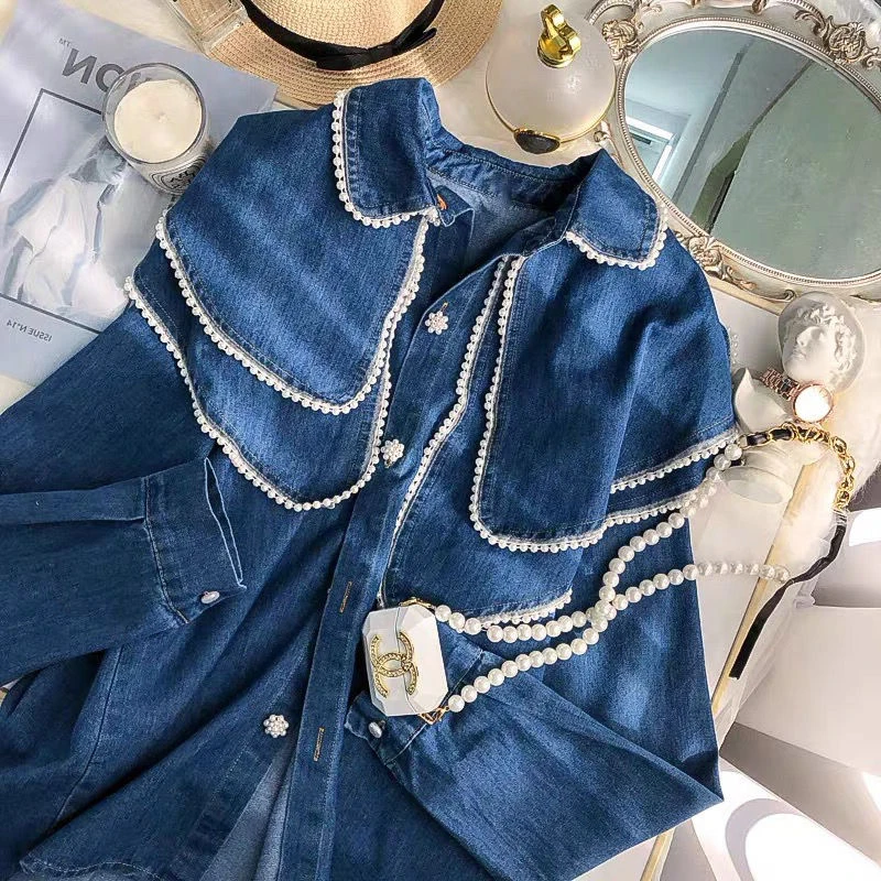 French Style Doll Collar Denim Blouses – Vintage Pearl Design Jean Shirts French Style Doll Collar Denim Blouses - Vintage Pearl Design Jean Shirts