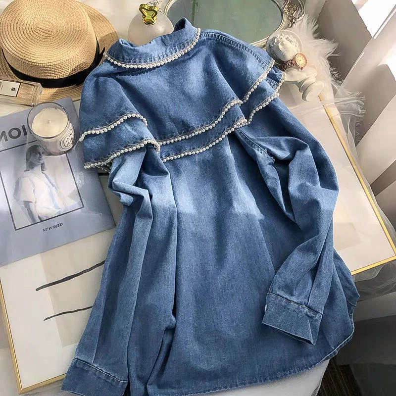 French Style Doll Collar Denim Blouses – Vintage Pearl Design Jean Shirts French Style Doll Collar Denim Blouses - Vintage Pearl Design Jean Shirts